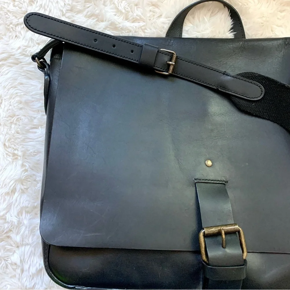LL Bean Black Leather Briefcase Laptop Messenger Bag Mens